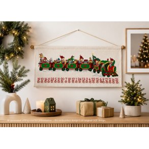 Broderikit til julekalender med  gr�nt tog, nisser og gaver 