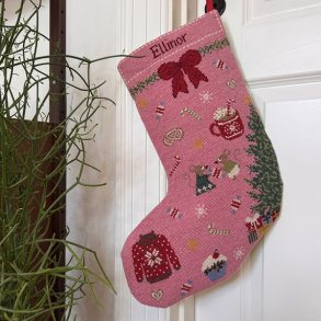 Broderikit til julesok i pink farve