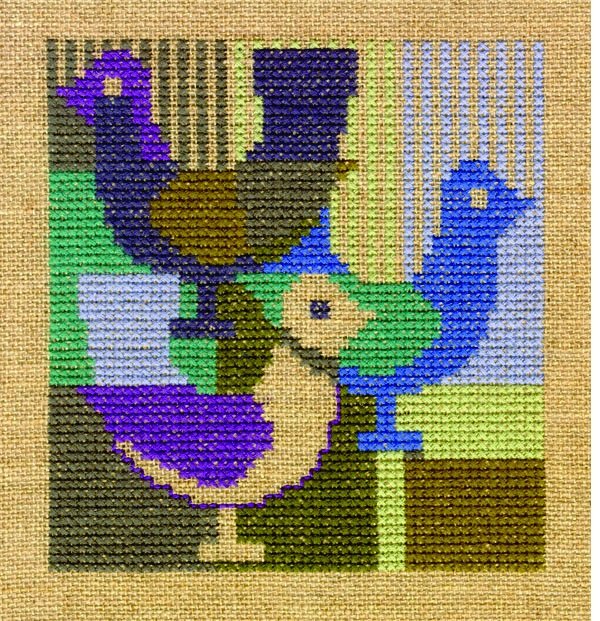Fugle, bl - ophng med broderi
