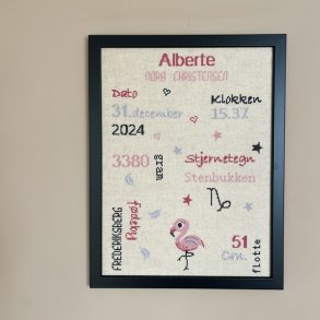 Flamingo - fdselsminde med broderi