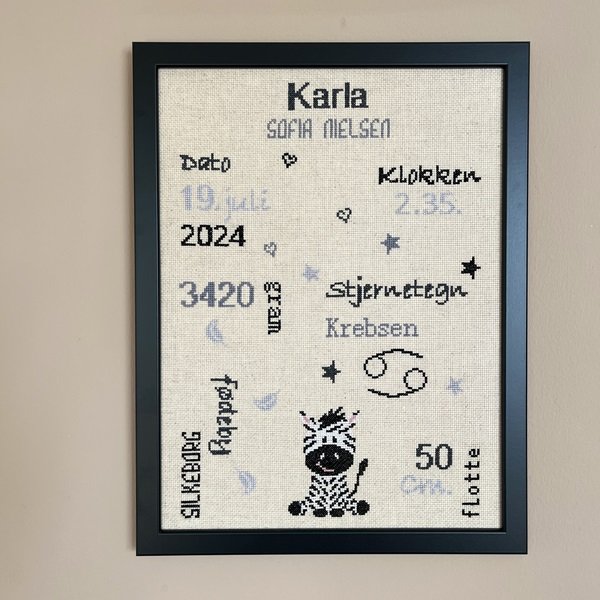 Zebra - fdselsminde med broderi