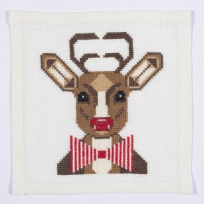 Broderikit til melleml�gsservietter med rensdyret Rudolf med stribet sl�jfe