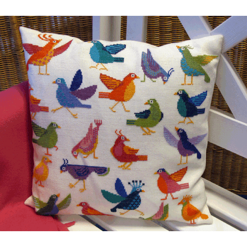 Fjollede fugle - pude med broderi
